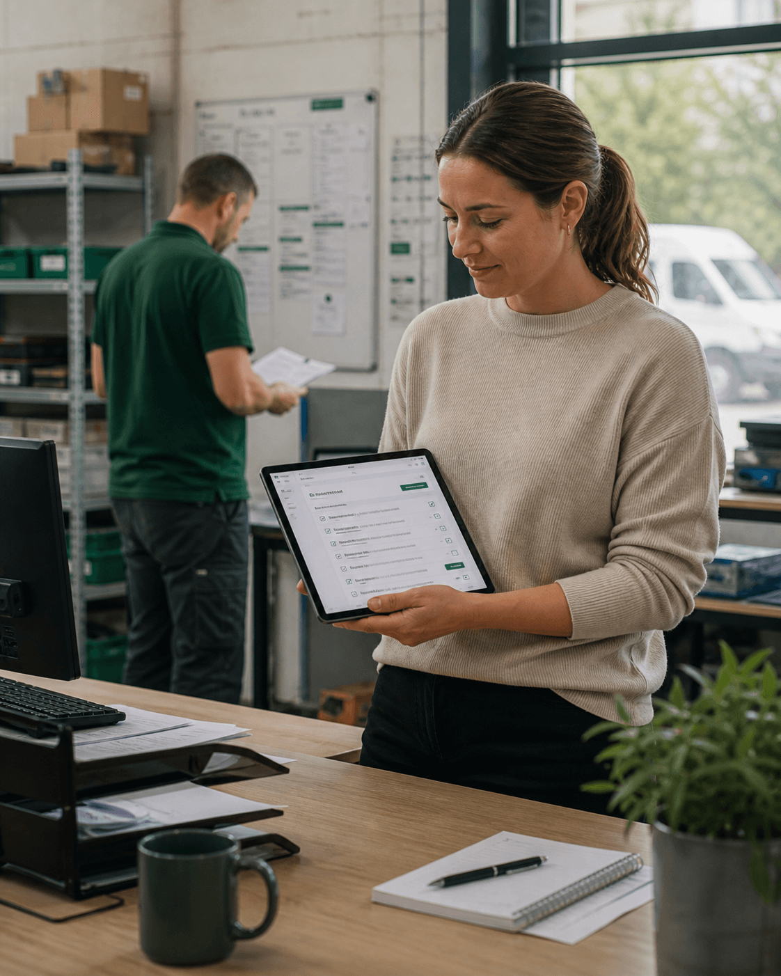 Medewerker bekijkt een controlelijst op een tablet in een servicekantoor